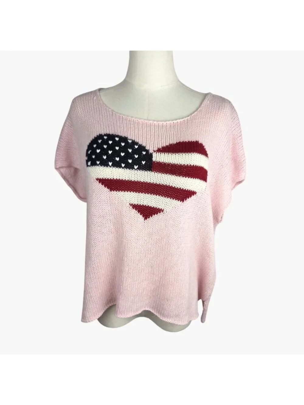 Wooden Ships American Flag Heart Sweater Top L Pink Open Knit Short Sleeve Beach - Picture 2 of 9